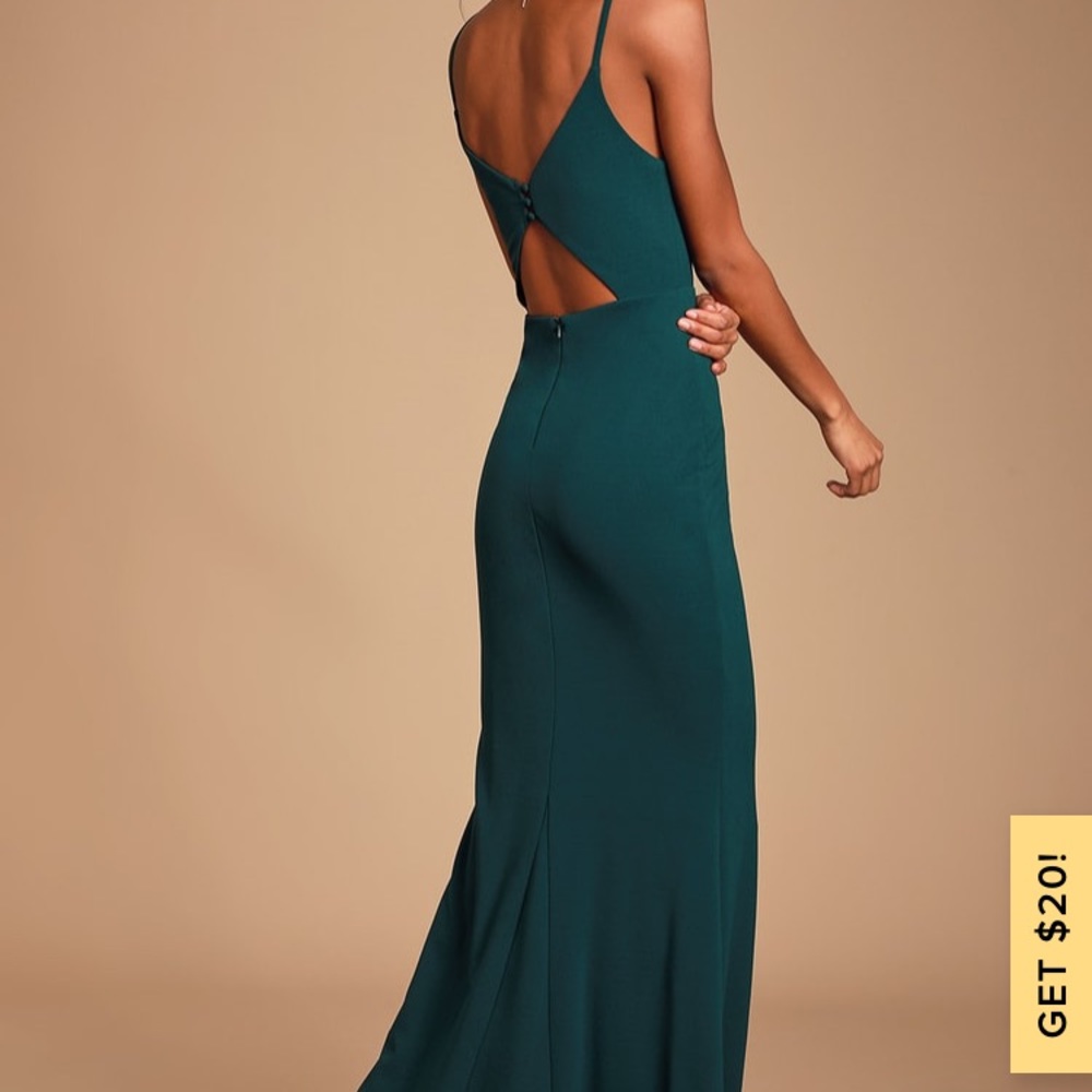 LuLus Forest Green mermaid gown w open back detail